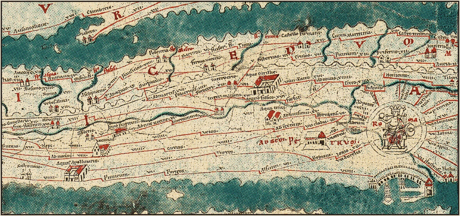 Fragmento de la Tabula Peutingeriana con Roma entronizada en un medallón, caminos rojos, ciudades y franjas de mar, impreso en tintas de risografía